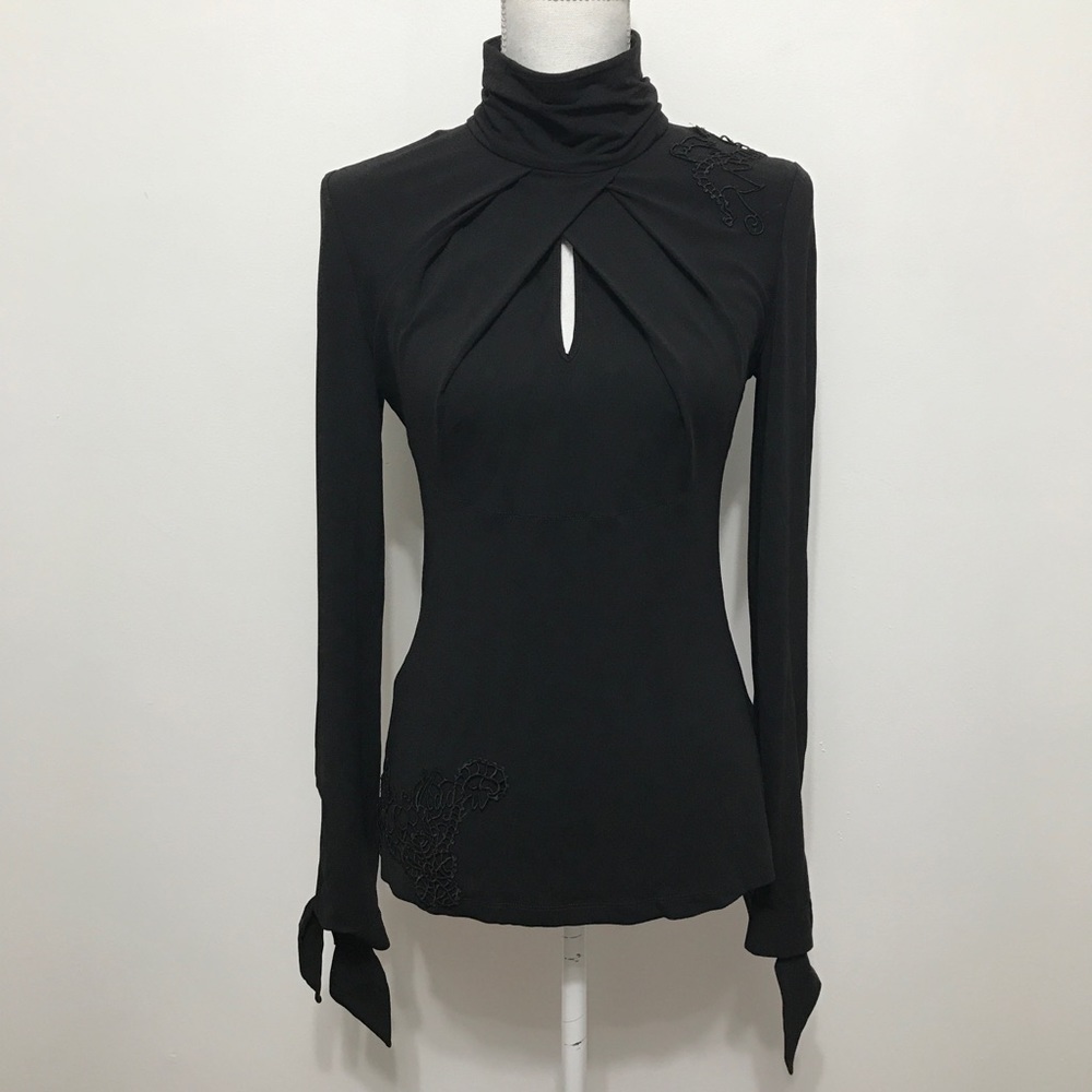 Monica Magni Black Mockneck Top with Keyholes